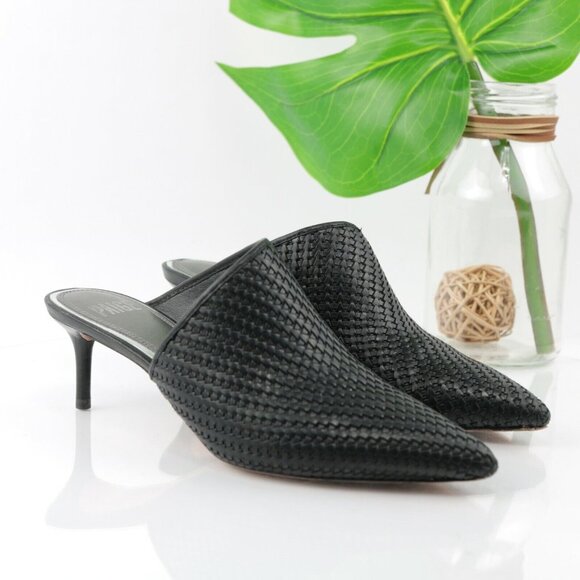 PAIGE Shoes - Page Womens Epic Mule Pump Size 6 Black Leather Woven Kitten Heel Pointed SlipOn